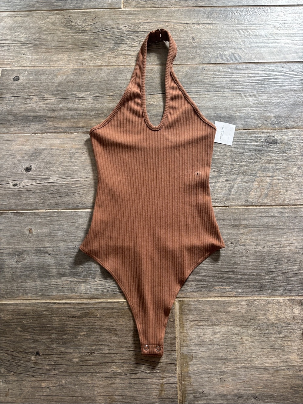 American Eagle Outfitters Ribbed Halter Bodysuit in Rust Brown